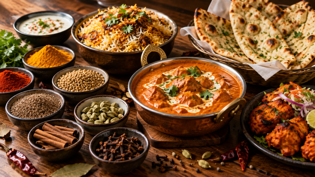 Indian cuisine with aromatic spices, curry, biryani, naan and tandoori dishes