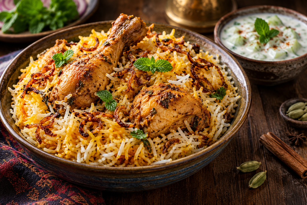 Indian biryani with chicken, basmati rice, fried onions, and mint, served alongside cucumber raita.