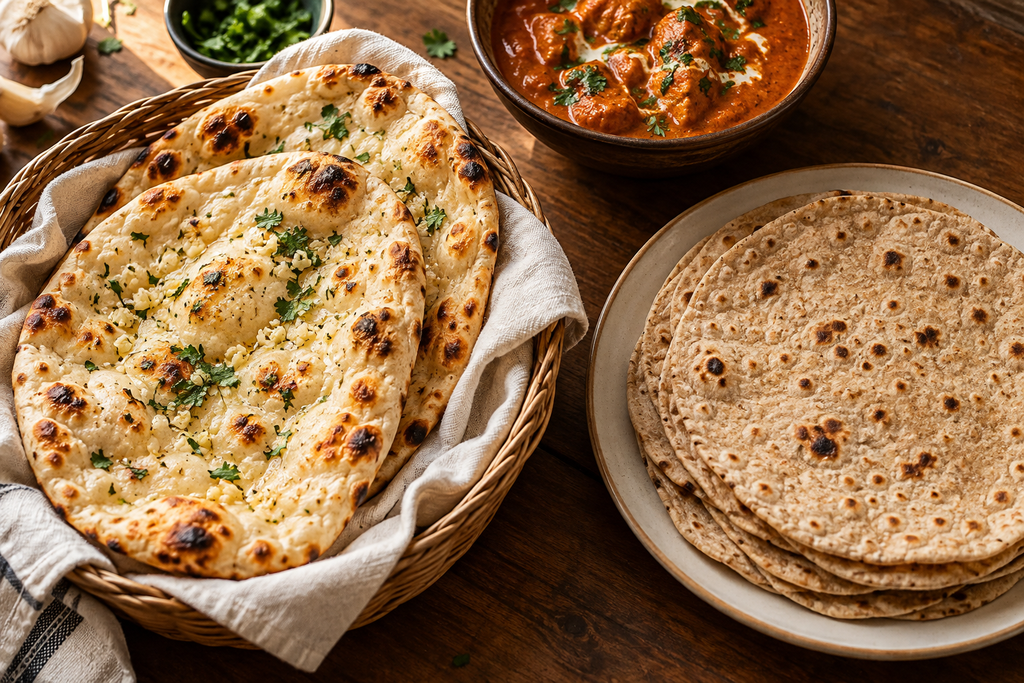 Naan vs roti comparison showing fluffy garlic naan beside thin whole-wheat rotis, with curry in the background.